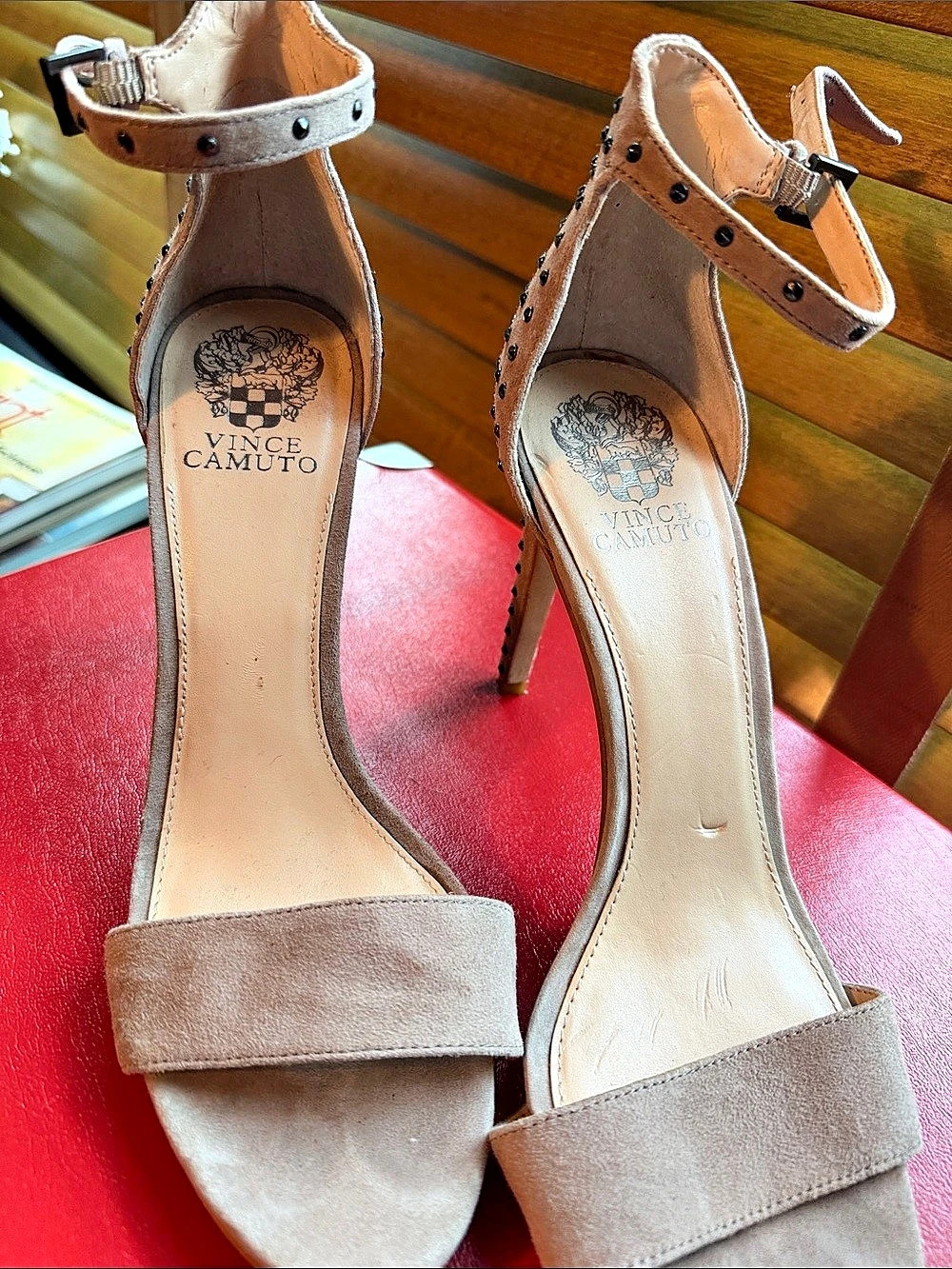 Vince Camuto Studded Ankle Strap Heels in Pink
